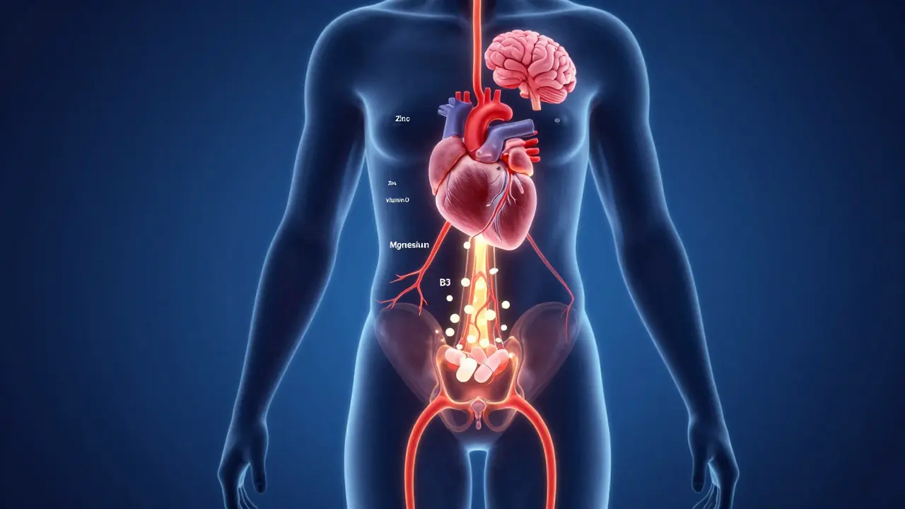 Silueta těla s světelnými cestami vitamínů proudících do pánve a mozku.