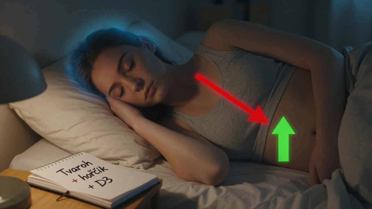 Spící člověk v klidné ložnici s vizuálními znaky hormonální rovnováhy a spalování tuků.