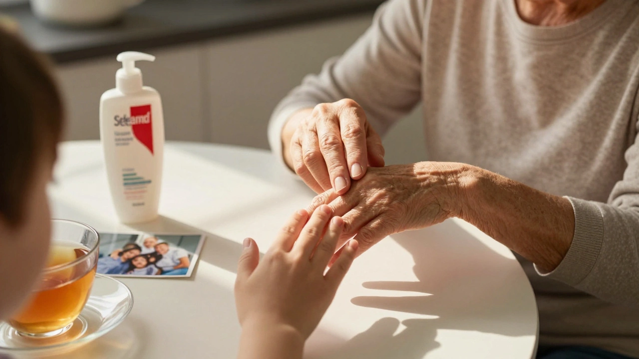 Starší žena si mazá ruce Sebamedovým krémem, dítě se k ní přibližuje.