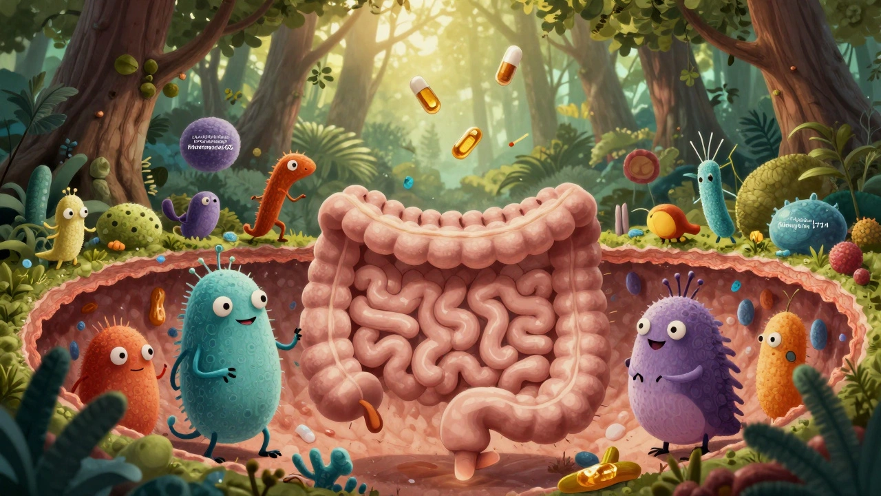 Střevo jako živý les s různými mikrobiálními tvory interagujícími s tlustým střevem.