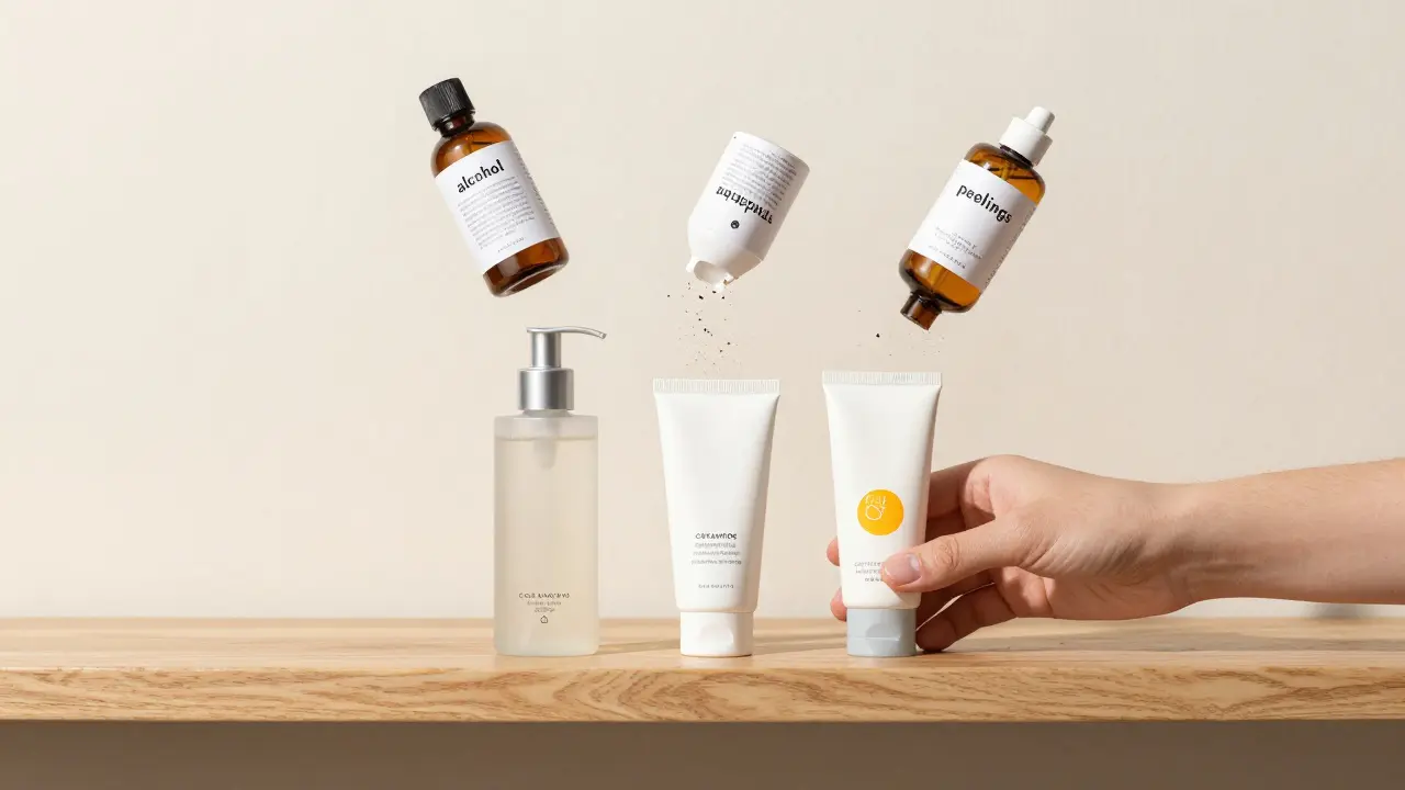 Tři bezpečné produkty pro citlivou pokožku na poličce, kolem nich se rozpadají škodlivé látky.