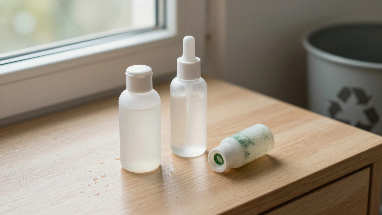Tři krémy na koupelnové poličce: nový, používaný a zkažený s plísní.