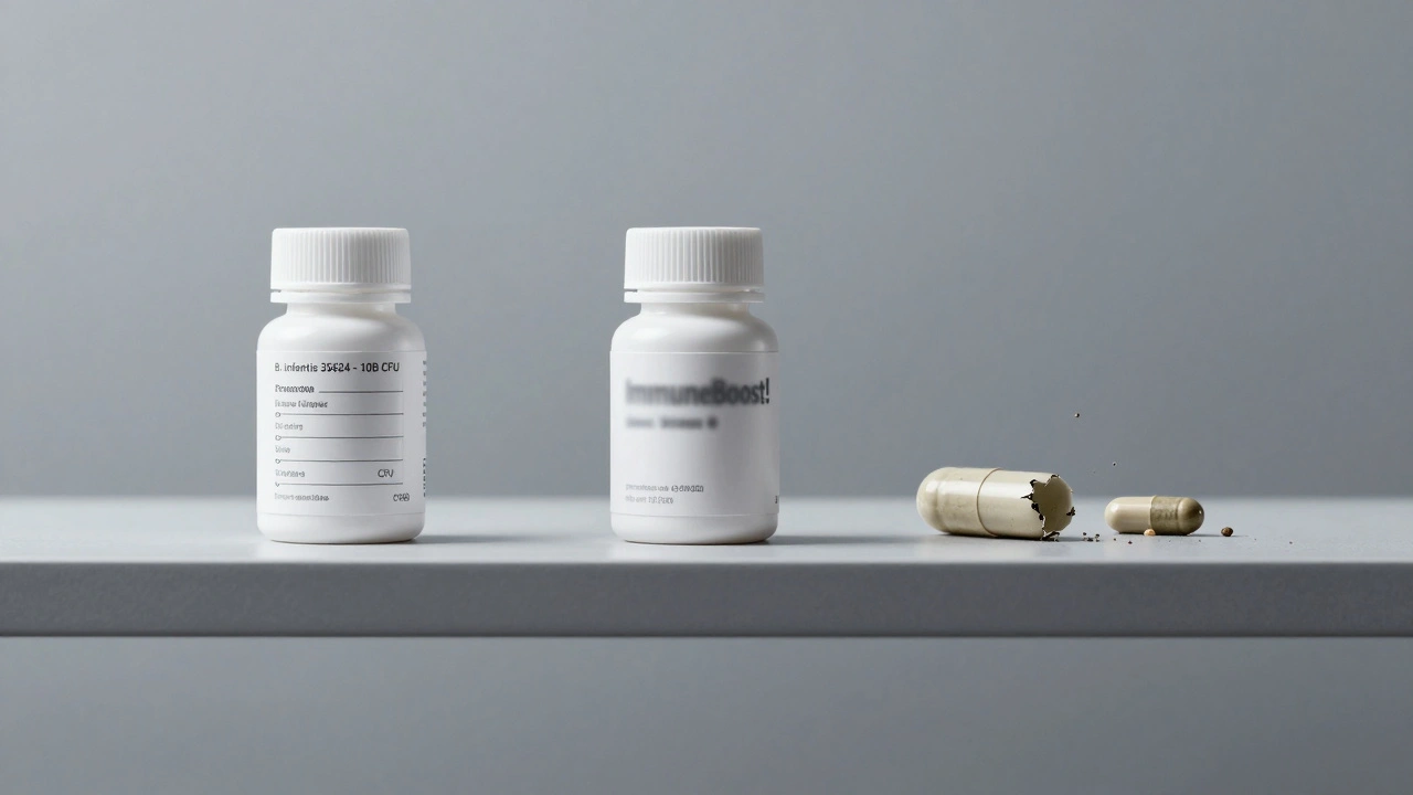 Tři probiotika na regálu: jedno s přesným popisem, druhé s marketingovými nálepkami, třetí s mrtvými bakteriemi.