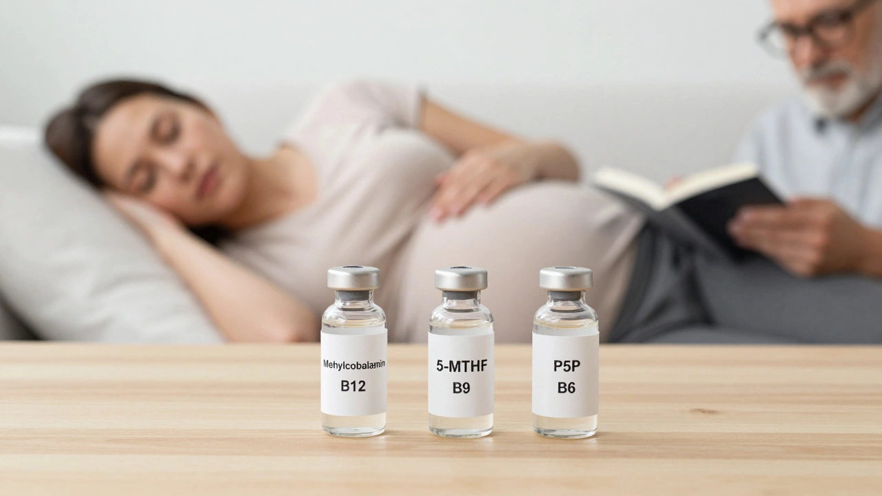 Tři výtažky vitamínů B12, B9 a B6 na dřevěném stole s rozbitým pozadím žen.