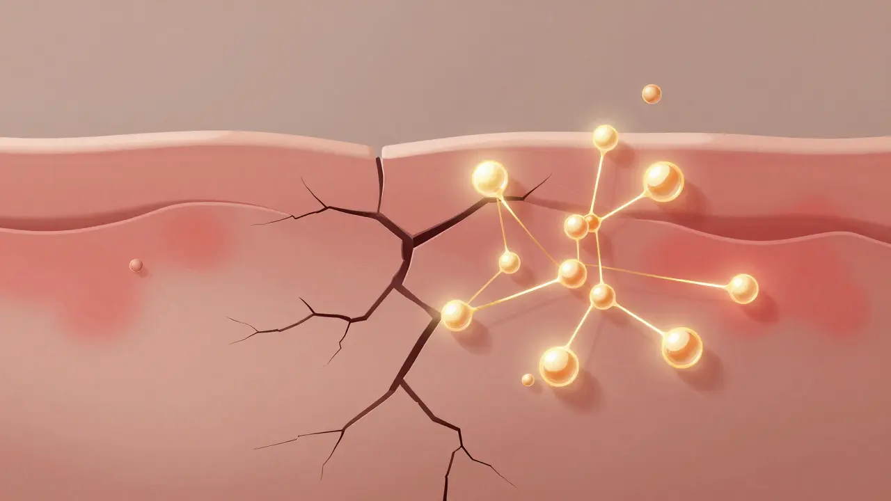 Ukázka obnovy kůžní bariéry pomocí ceramidů a panthenolu jako zlatých nití.