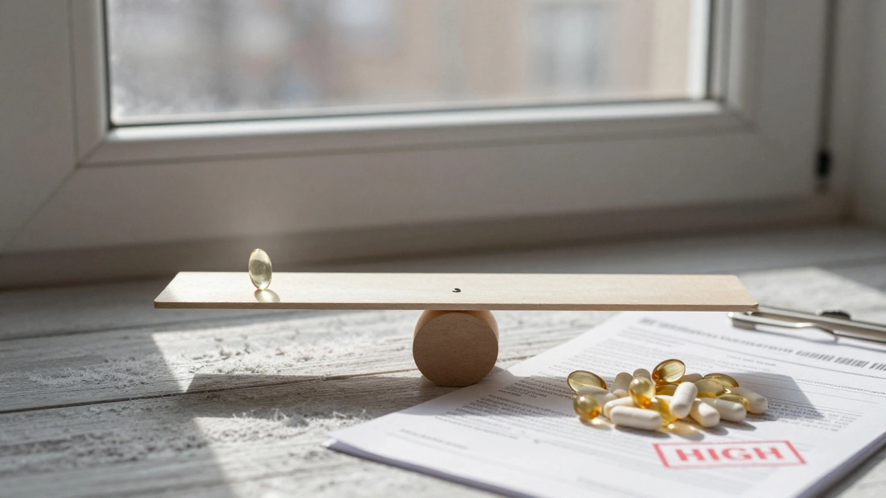 Váha s paprskem slunce a hromadou tabletek vitamínu D na podokně s mrázem.