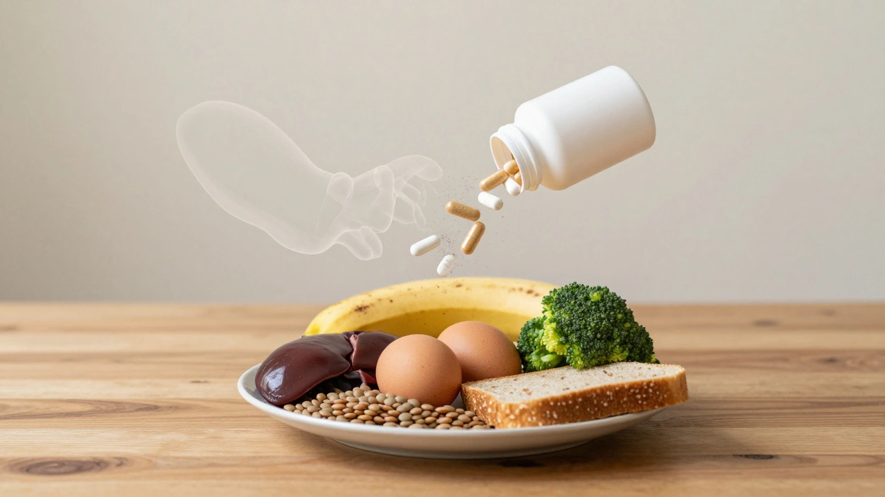 Zdravá jídla s přebytečnými vitamínovými tabletkami, které se mění v prach.