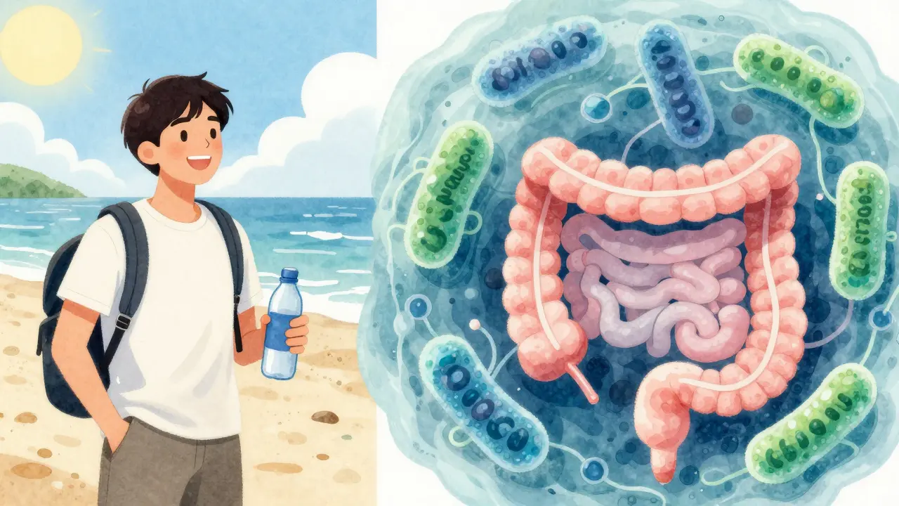 Zdravá střevní mikroflóra s kmeny Lactobacillus a Saccharomyces v těle cestovatele.