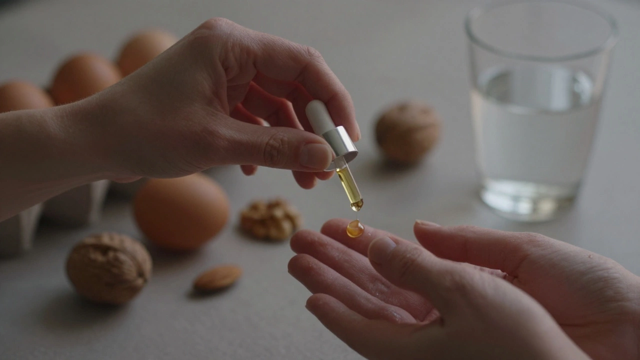 Žena aplikuje mandlový olej na nehty ve večerním světle.