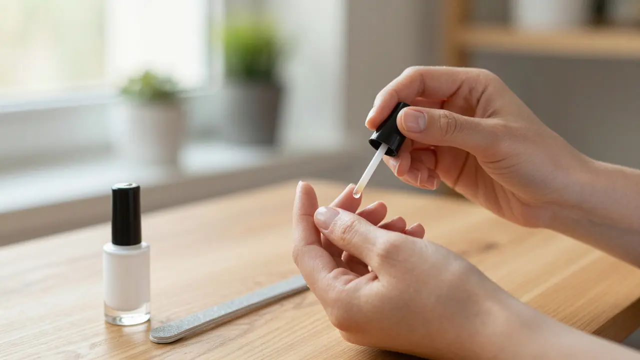 Žena aplikuje olej na kůži kolem nehtů po pilování.