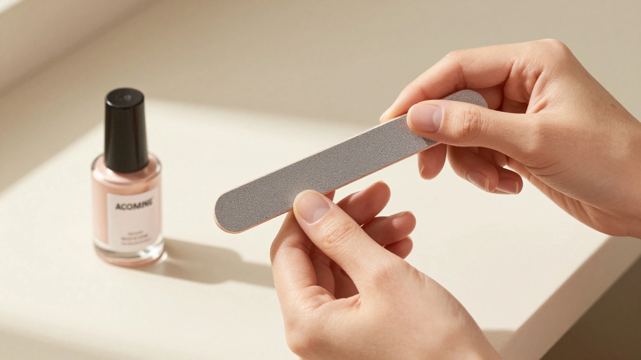 Žena jemně pilí nehty jedním směrem bez poškozování kutikuly.