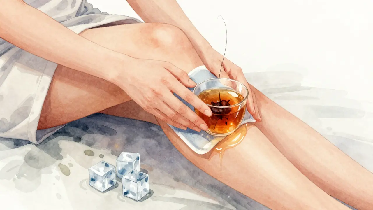 Žena používá studenou kompres z černého čaje na bok.