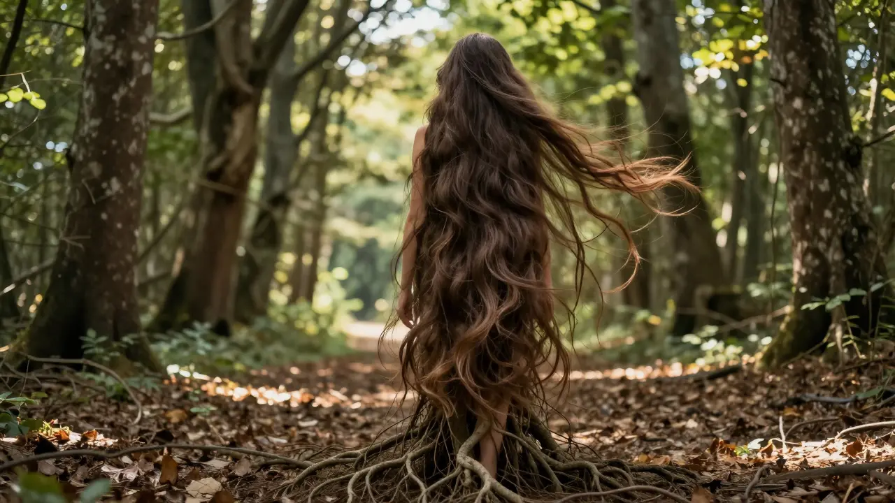 Žena s hustými vlasy stojí ve světle lesa, její vlasy se spojují s kořeny stromů.