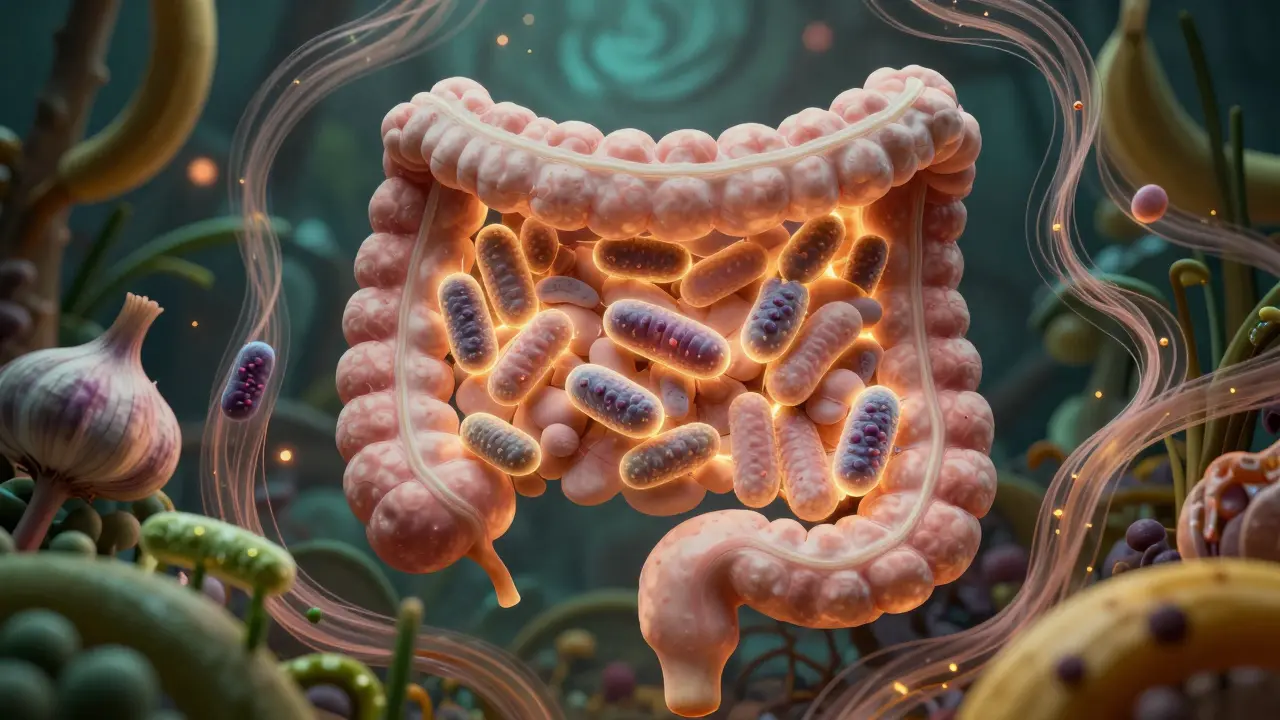 Abstraktní znázornění střev s živými laktobacily a prebiotickými vlákninami v teplém světle.