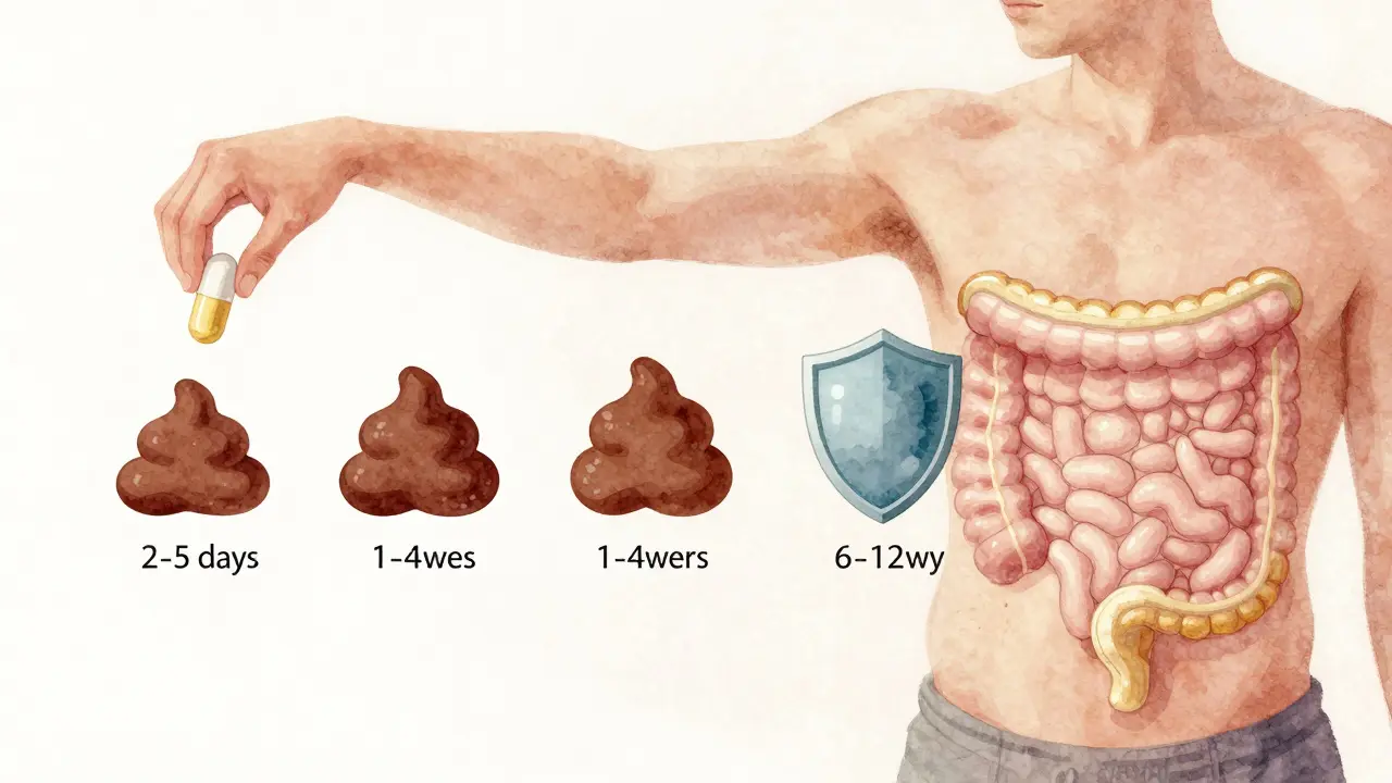 Časová osa účinků probiotik na trávení, imunitu a pokožku vycházející z člověka.
