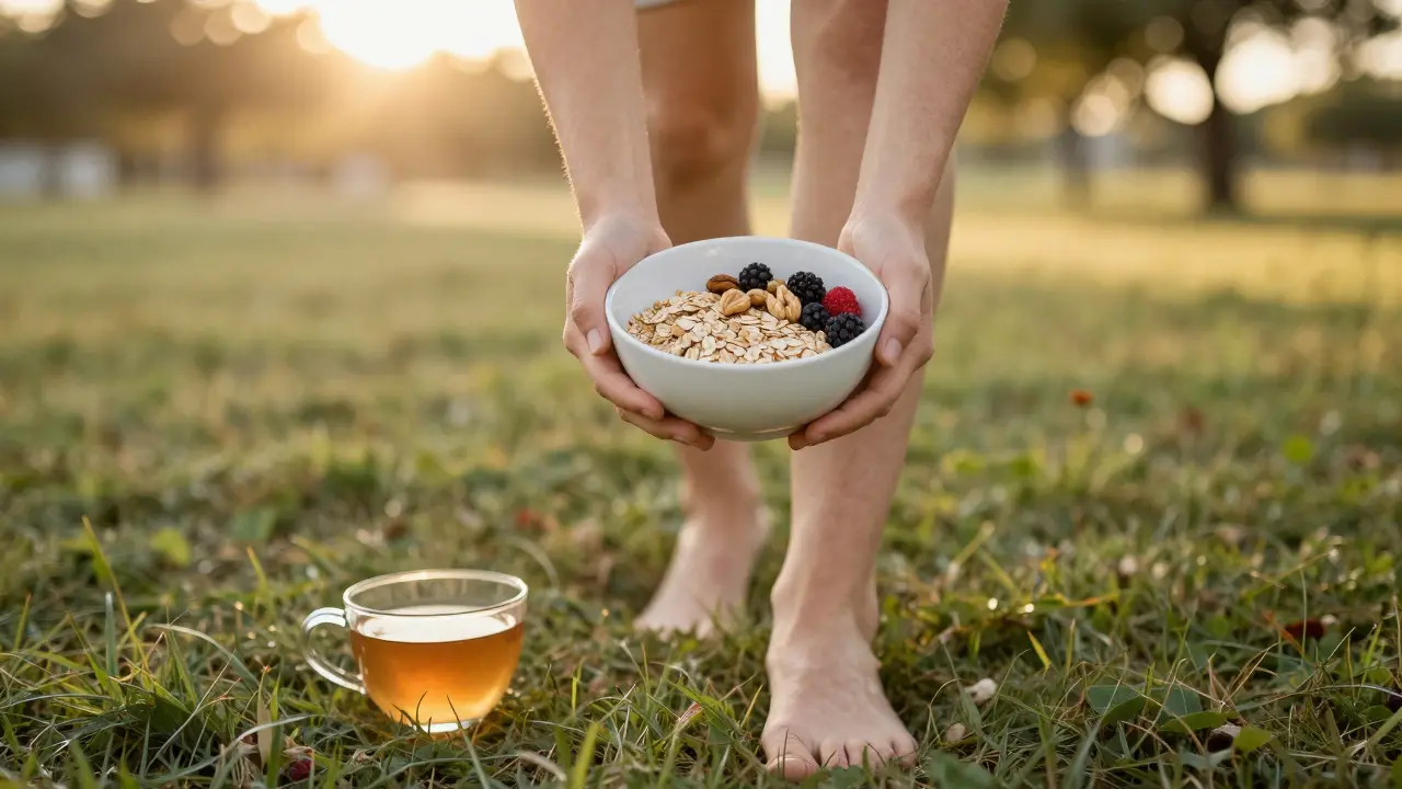 Člověk kráčí po trávě na ranním slunci s mísem zdravého jídla.