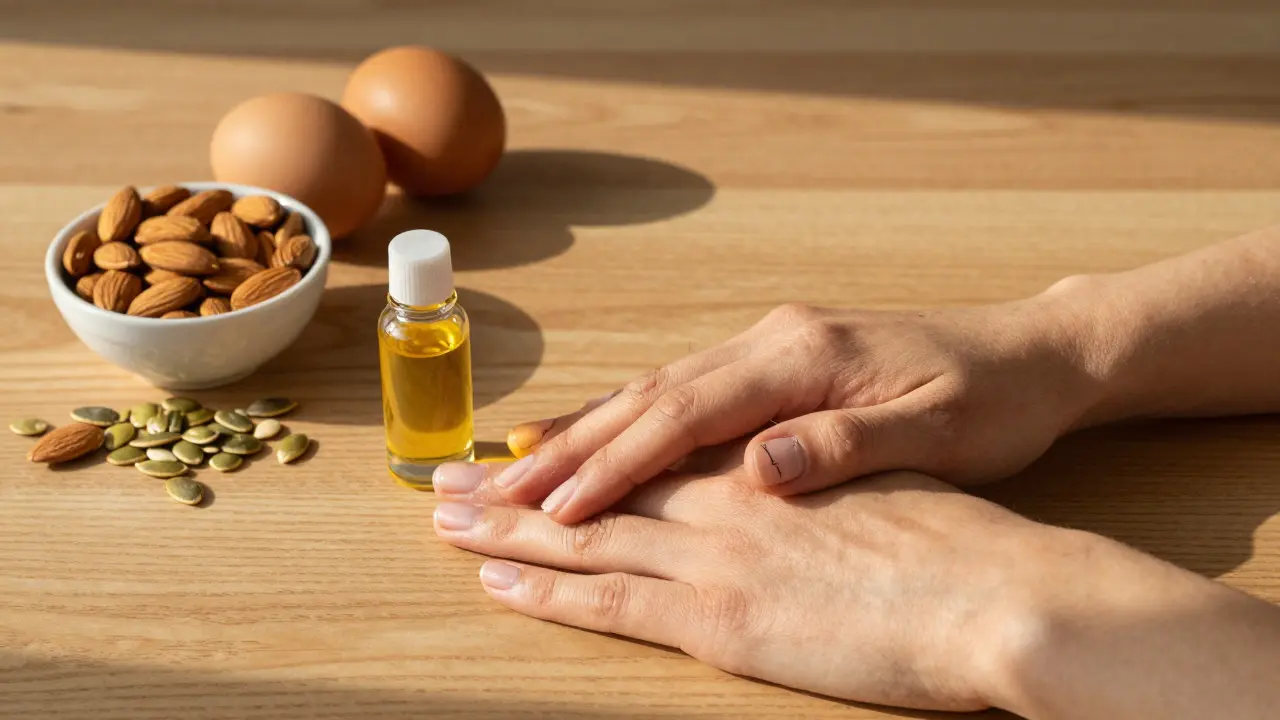 Dvě ruce: jedna s poškozenými nehty, druhá se zdravými a přirozenými potravinami.