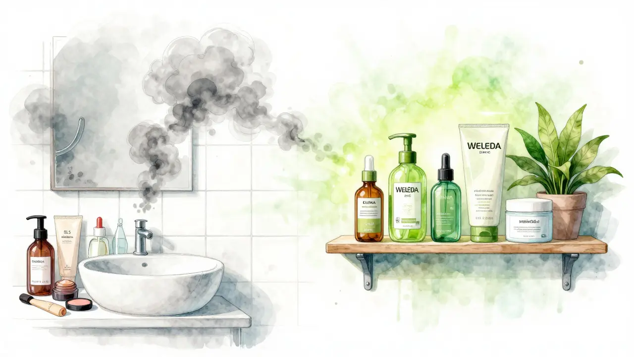 Dvě strany koupelny: jedna s toxickými látkami, druhá s přírodními produkty.