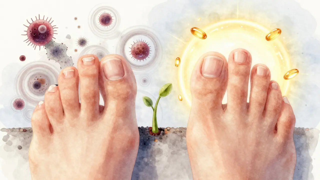 Dvě strany nehtu: poškozený vlevo, zdravý a růstově aktivní vpravo.