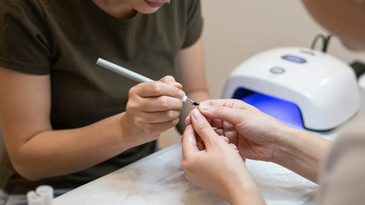 Estetka aplikuje top coat na gelovou pedikúru v moderním salónu, UV lampa svítí v pozadí.