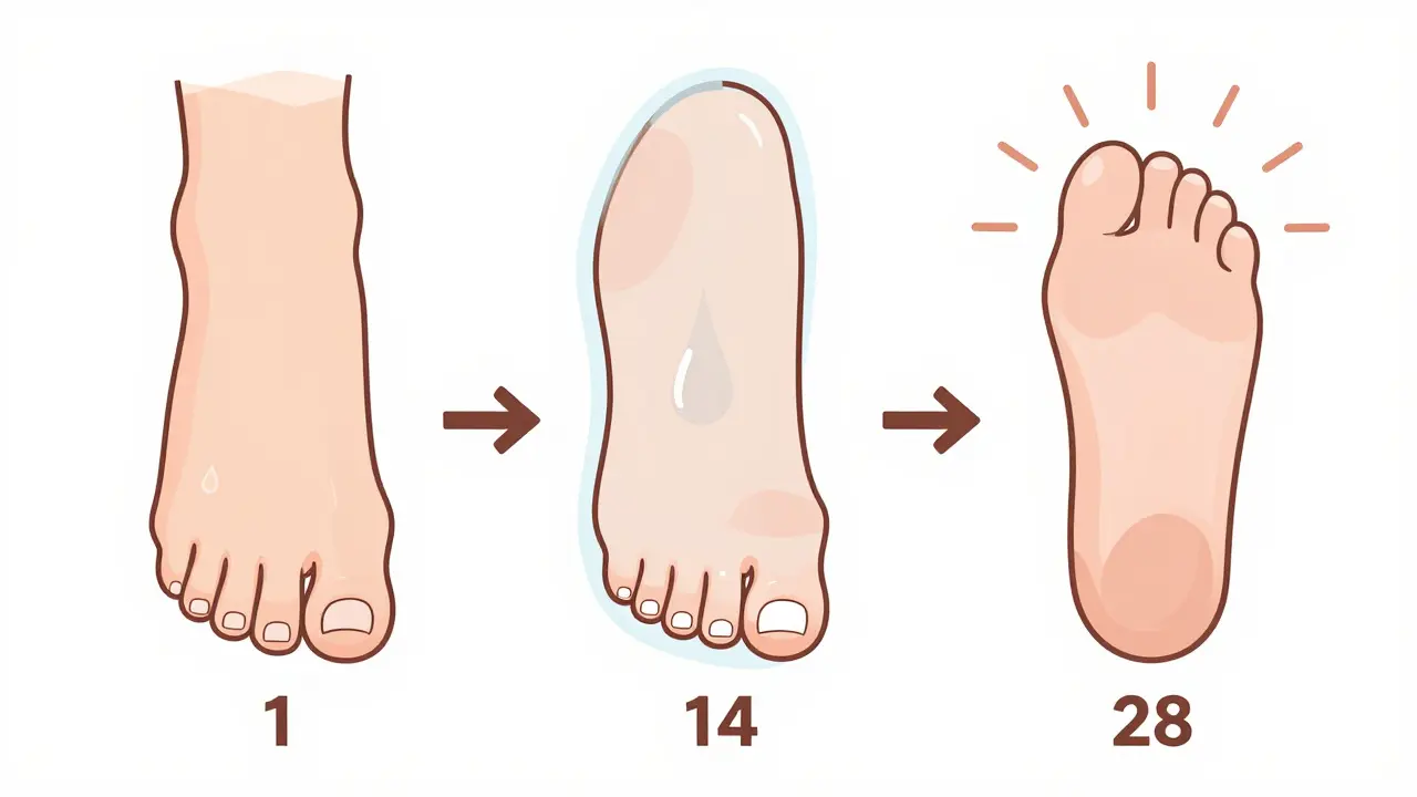 Grafické znázornění trvanlivosti gelové pedikúry ve třech fázích: nová, opotřebovaná a odlepující se.