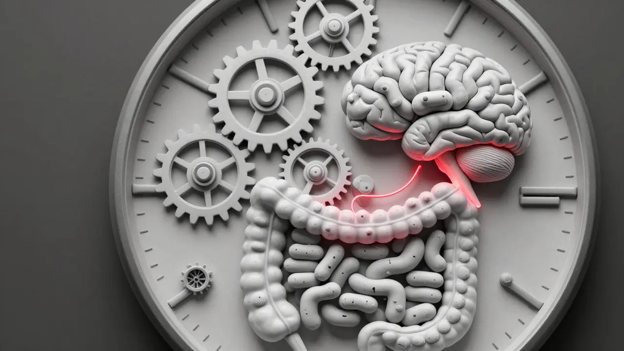Hodiny s ozubenými koly z probiotických bakterií propojené s mozkem a imunitou.