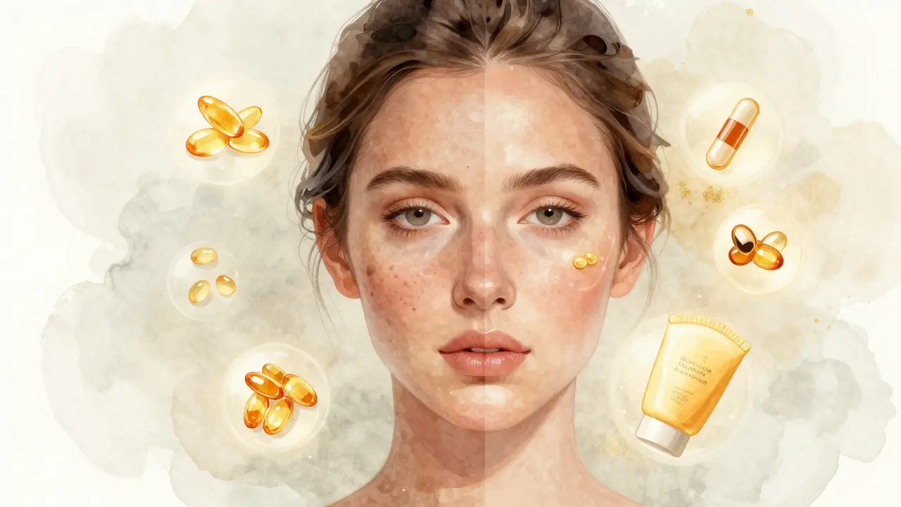 Ilustrace obličeje s porovnáním suché a zdravé pokožky s prvky výživy a péče.