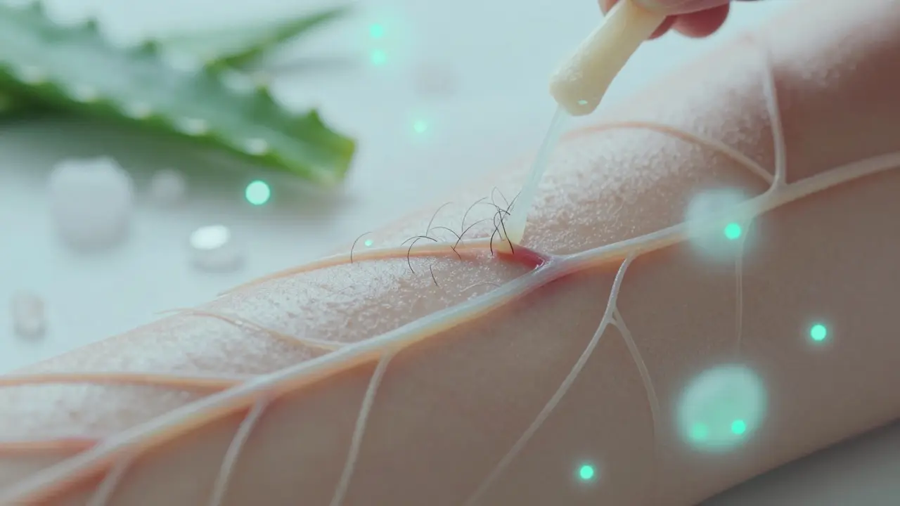 Koncepční znázornění citlivé kůže s léčivými prvky uklidňujícími podráždění.