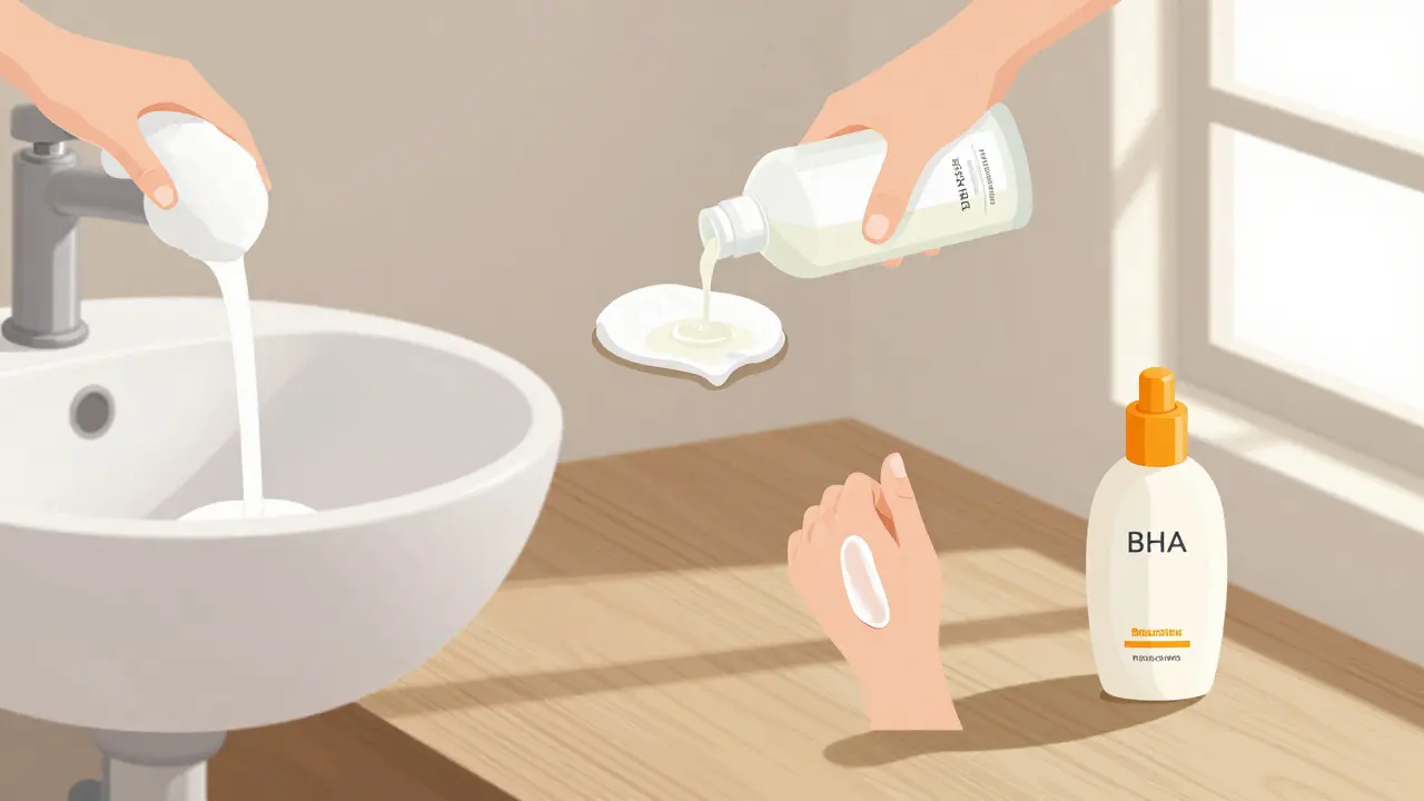 Kosmetické produkty pro péči o pokožku s komedony: čistič, exfoliátor, zvlhčovadlo a sluneční krém