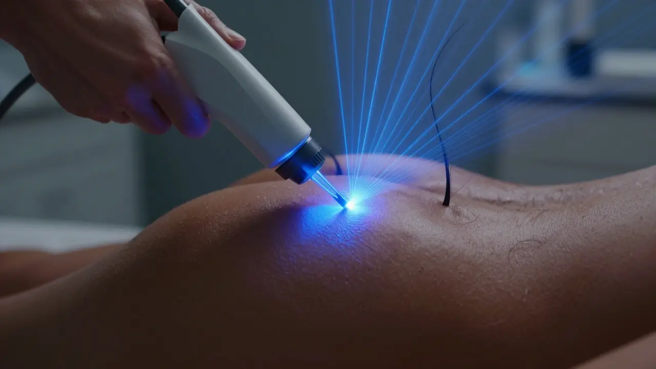 Laserové světlo cílí na chloupky v oblasti zadku, symbolizující trvalé odstranění.