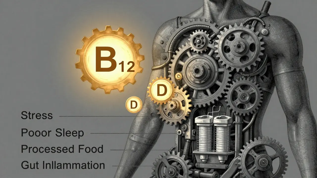 Lidské tělo jako stroj s překážkami, které brání vstřebávání vitamínů.