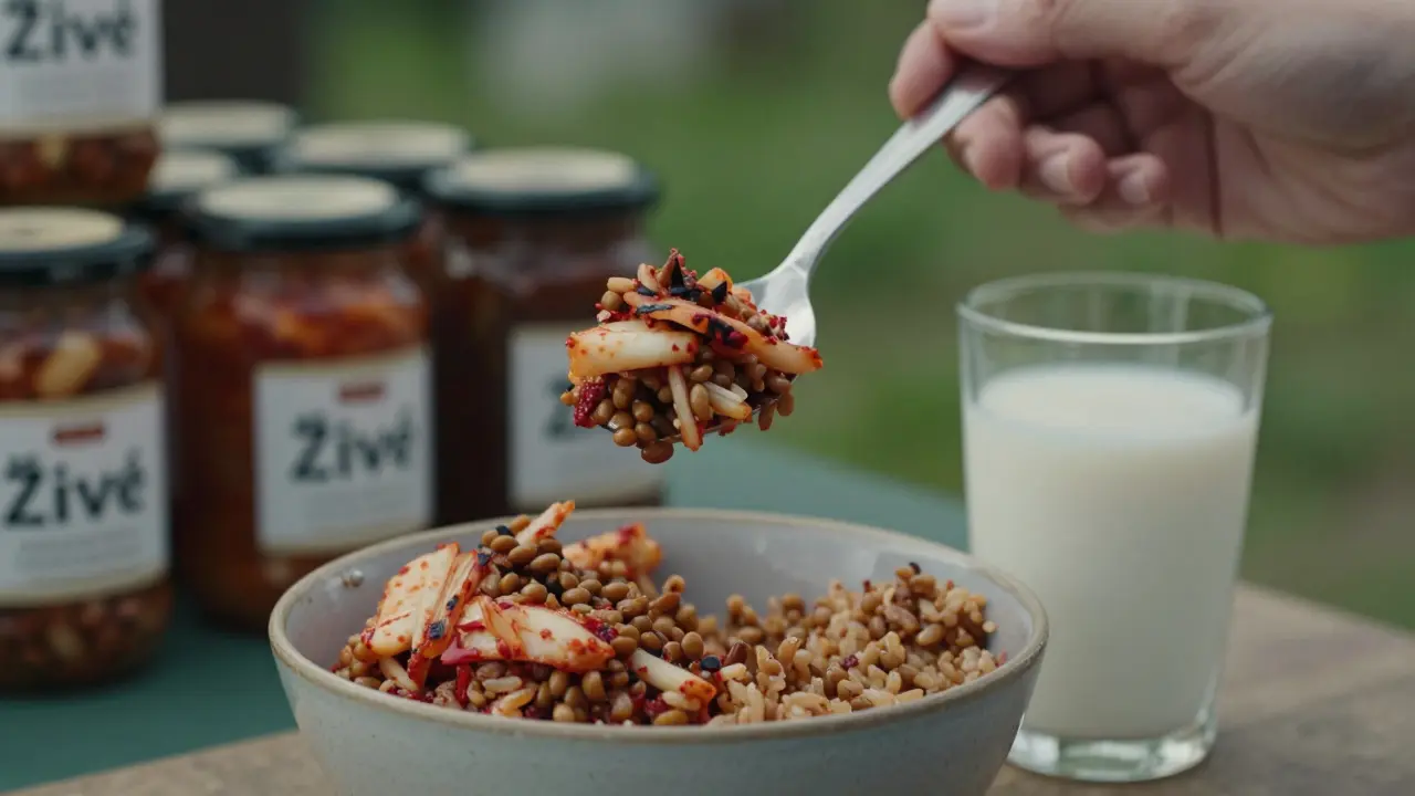 Lžíce kimchi na rýži s čočkou a sklenicí rostlinného kefíru na pozadí trhu.