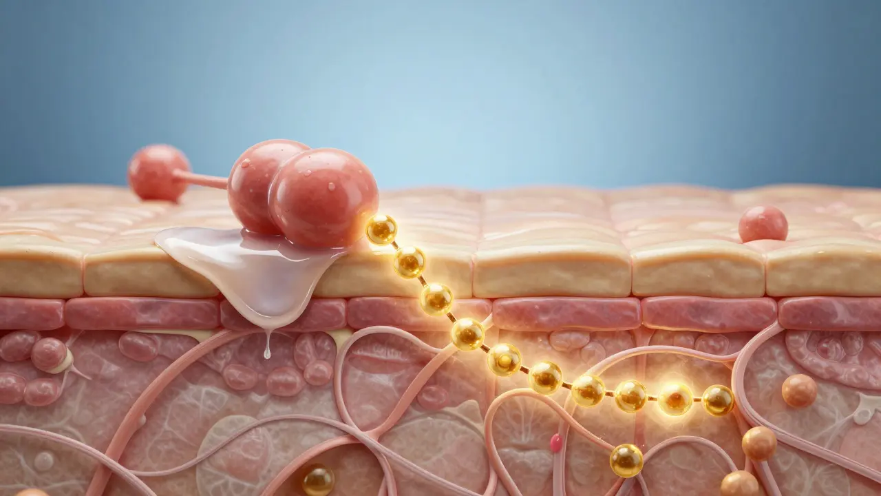 Malé kolagenové peptidy vstřebávané do kůže, velká molekula na povrchu.