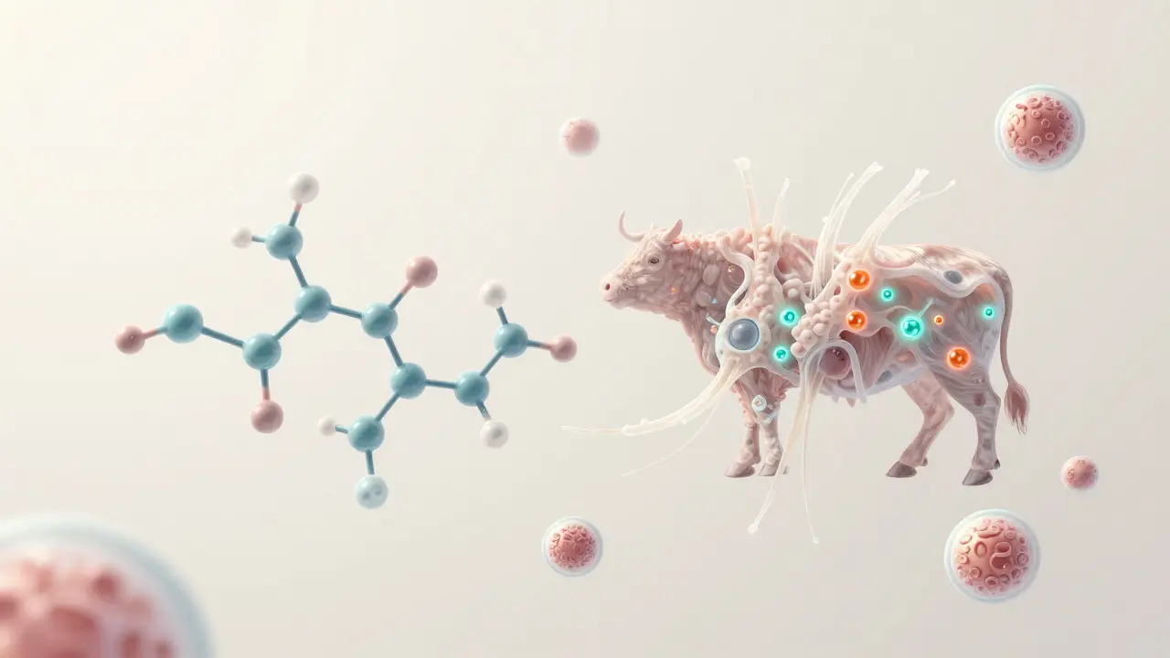 Molekulární struktura mořského kolagenu v porovnání s hovězím, interakce s kůží.