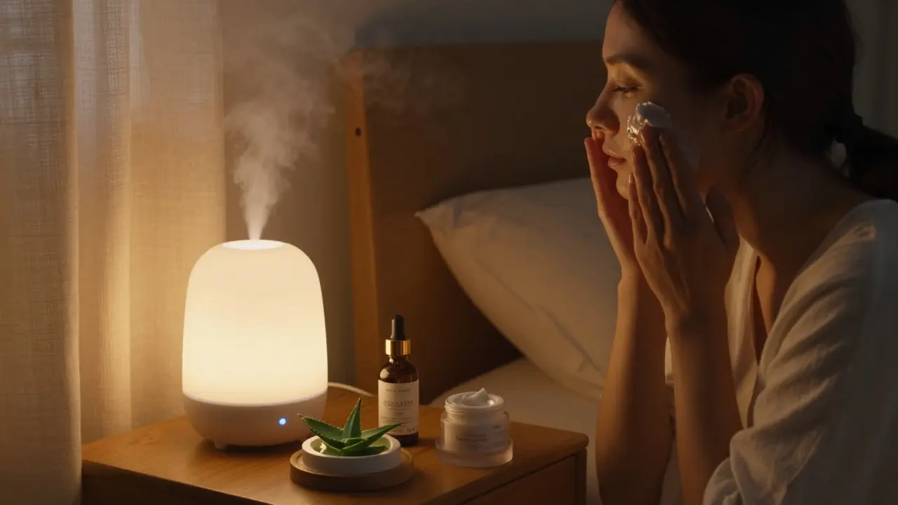 Noční péče o pleť: krém a olej na tváři, vlhčovač a maska na nočním stolku.