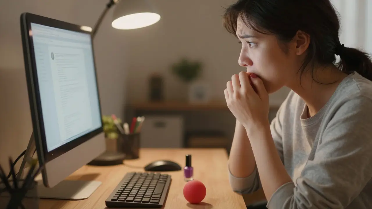 Osoba kousající nehty u počítače s gumovým míčkem a lakem na stole.