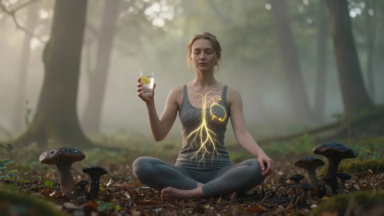 Osoba medituje v lese ráno, drží sklenici citronové vody, zatímco negativní síly odcházejí.