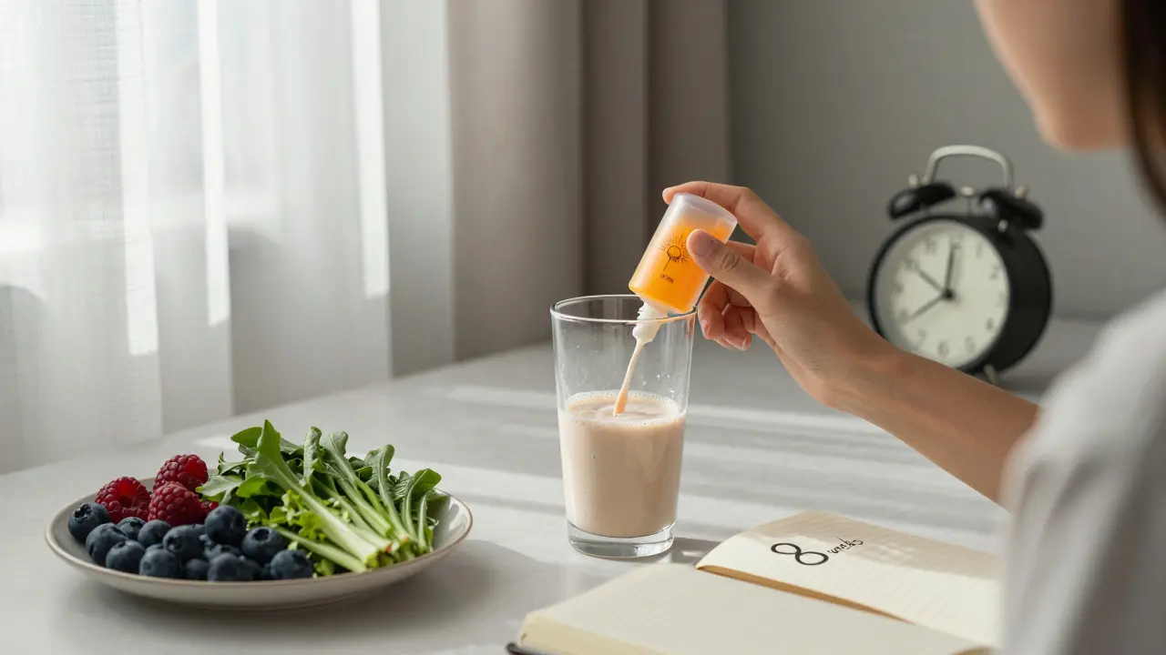 Osoba užívá kolagen a používá krém s FPS, kolem ní zdravé potraviny a zvyky.