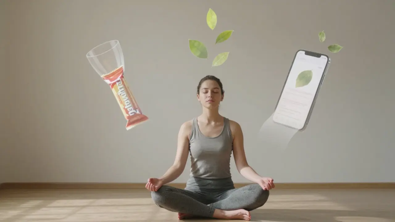 Osoba v meditaci, za níž se rozpouští symboly alkoholu, cukru a elektroniky.