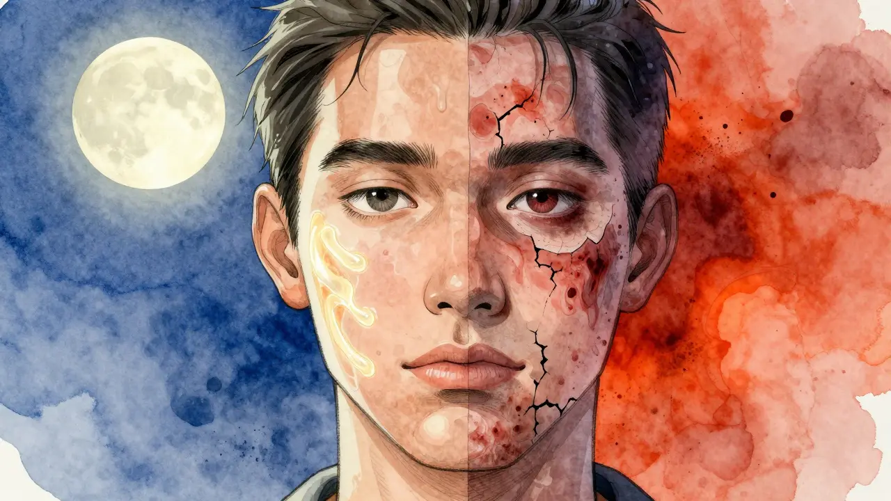 Rozdělená tvář: zdravá kůže na jedné straně, poškozená na druhé s příčinami stárnutí.