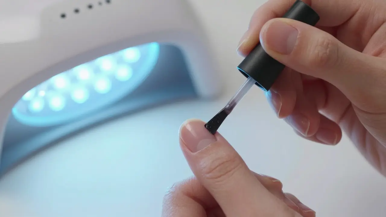 Ruka aplikující tenkou vrstvu gelového laku na nehet s přesným štětcem.