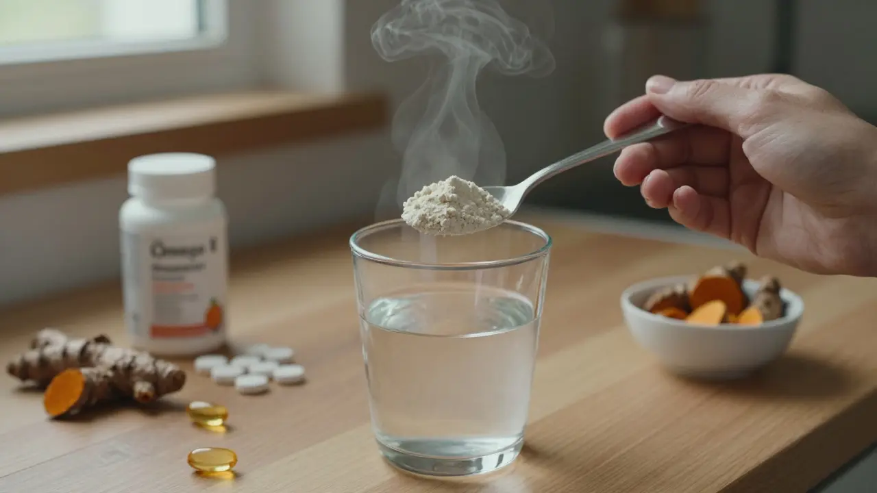 Ruka míchá prášek kolagenu do teplé vody, vedle kapsle omega-3 a kurkuma.