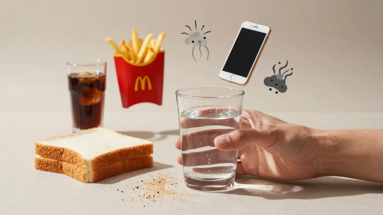 Sklenice vody vedle nezdravé stravy a znečištění, která neproniká do suché kůže.