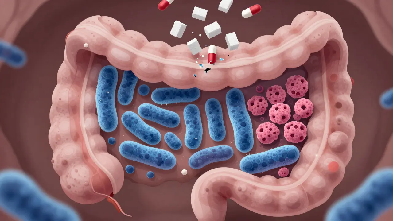 Stylizovaný náhled mikrobiomu: laktobacily jako ochranná bariéra proti kvasinkám ve střevech.