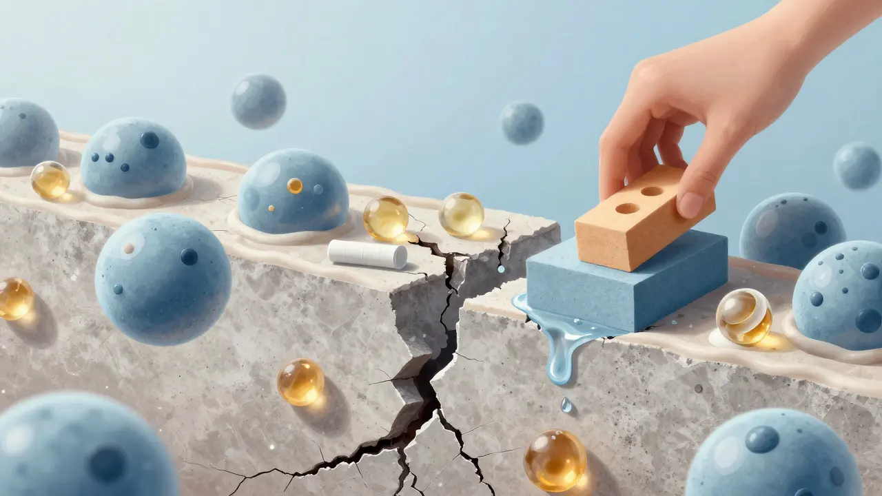 Surreální ilustrace poškozené lipidové bariéry kůže s molekulami, které ji opravují.