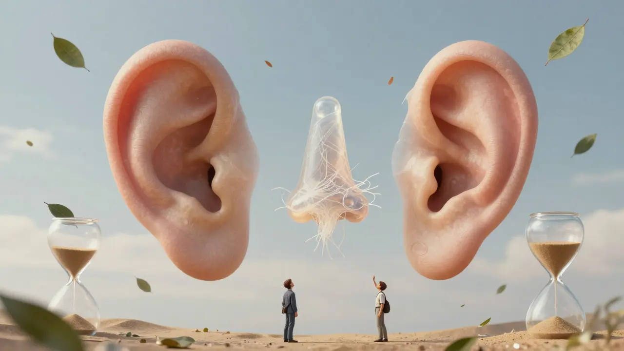 Surreální scéna obrovských křehkých uší a nosu plujících v nebi, symbolizujících neustálý růst s věkem.