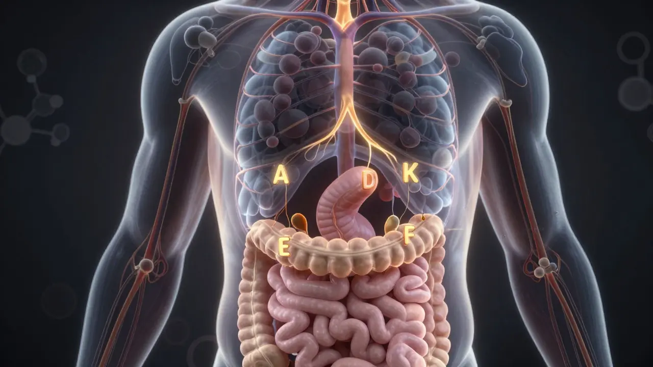 Transparentní tělo ukazuje, jak tuky pomáhají vstřebávat vitamíny A, D, E, K.