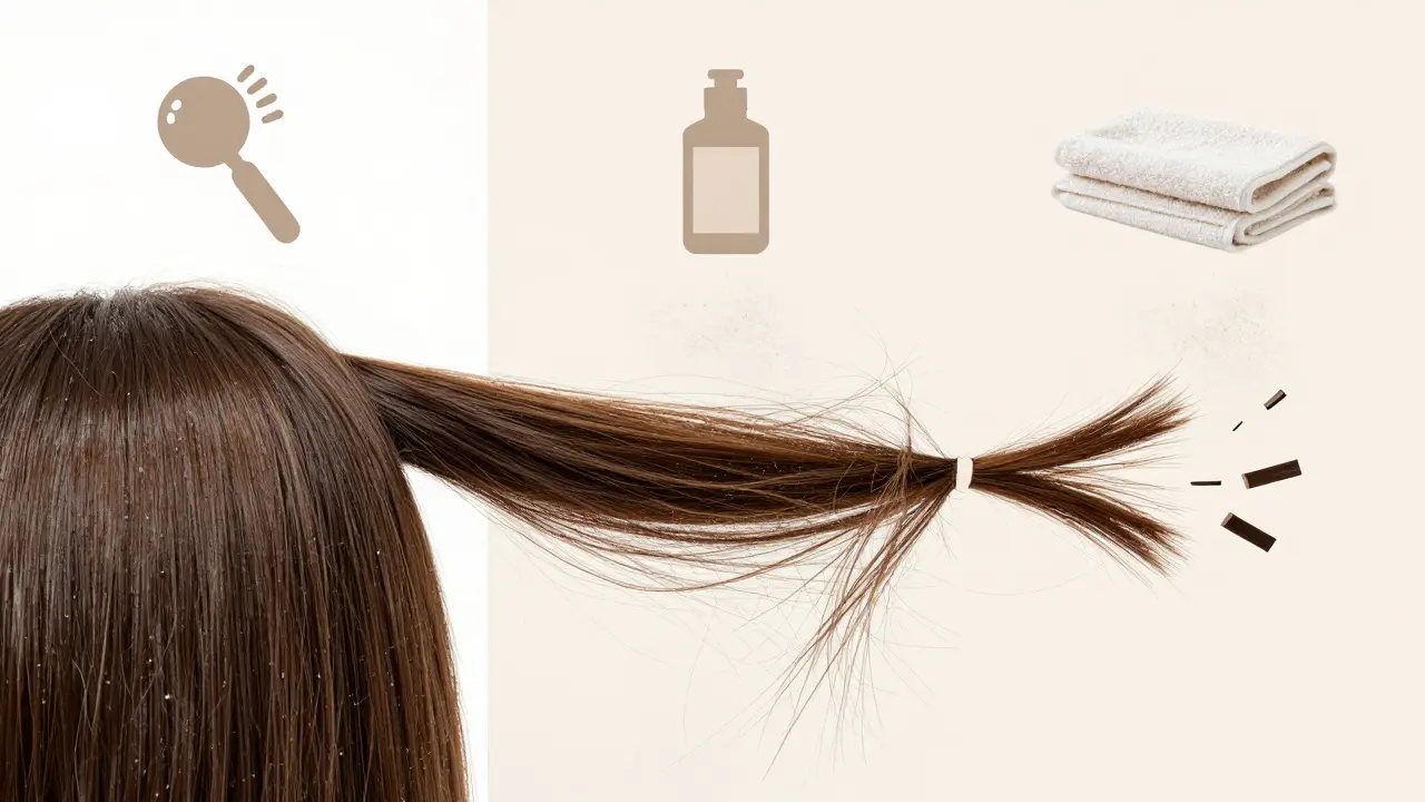 Tři fáze vlasu: zdravý, poškozený a zlomený, s ikonami příčin poškození.