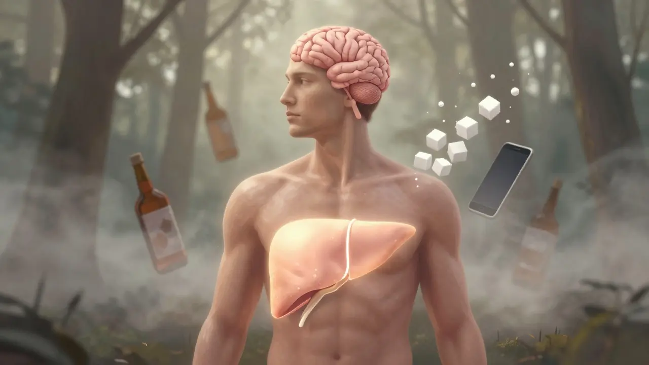 Umělecké znázornění těla jako klidné krajiny s obnovou jater, mozku a kůže.