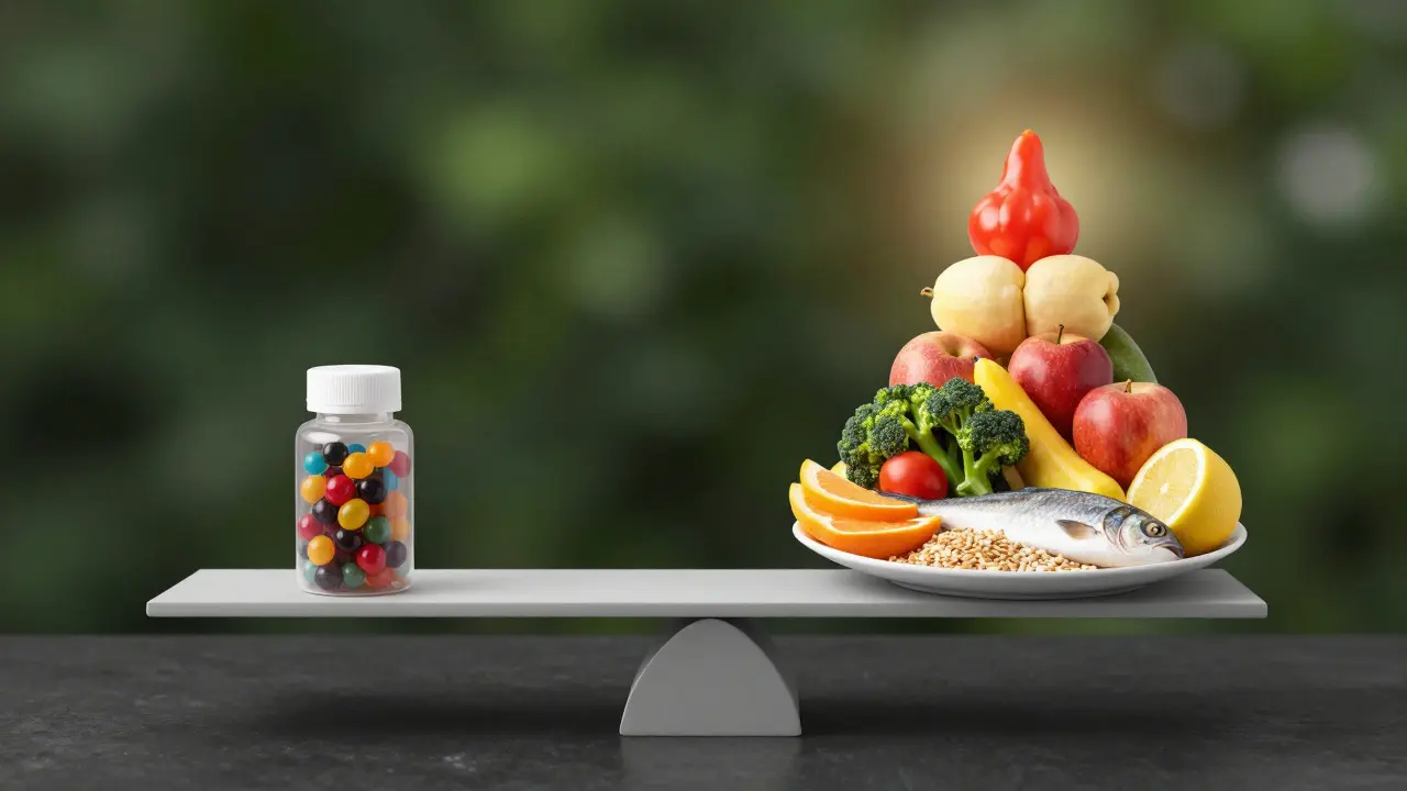 Váha s multivitamínem a zdravou stravou – jídlo je těžší a svítí.